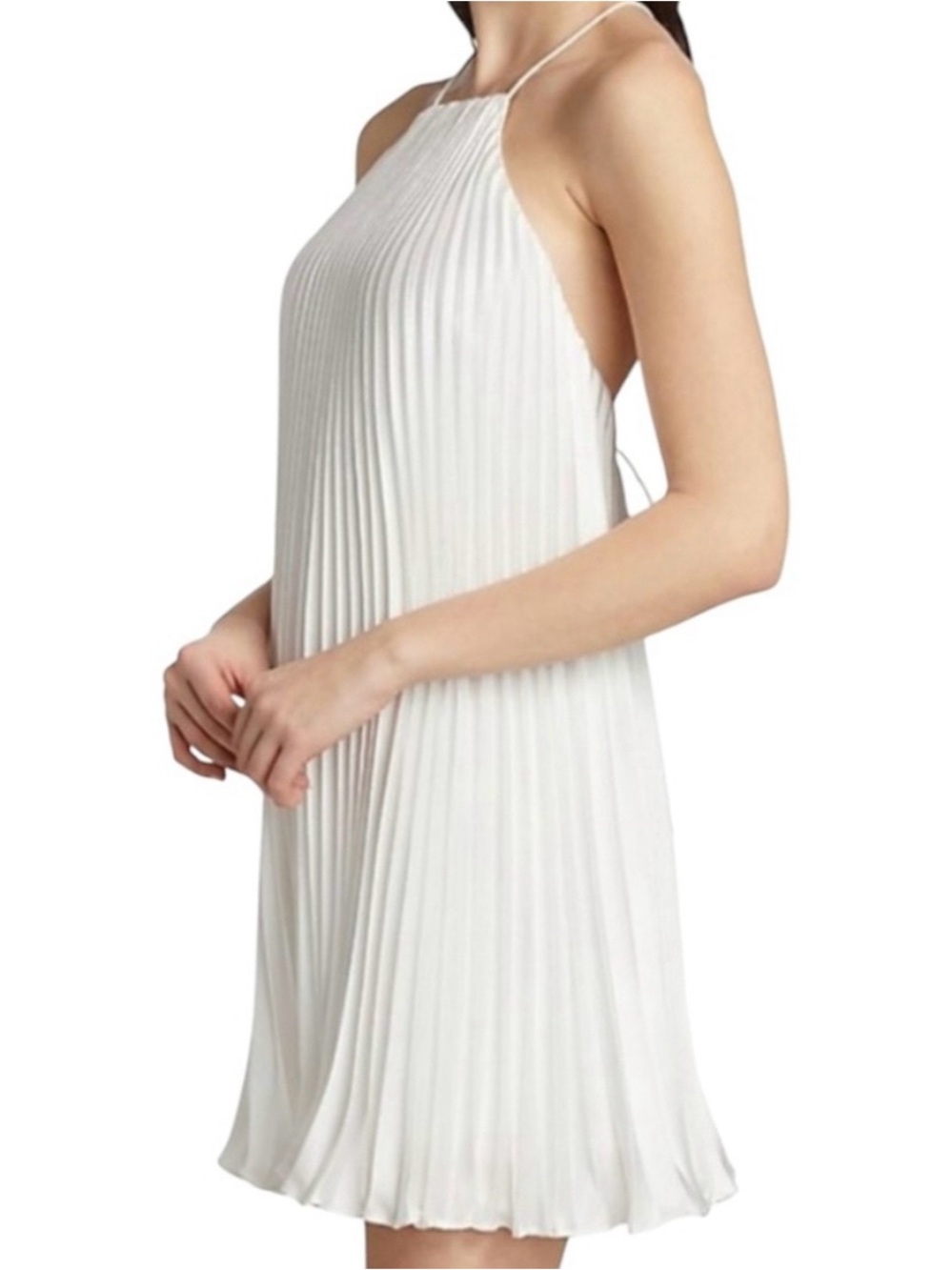 Monique Lhuillier White Pleated Halter Mini Dress